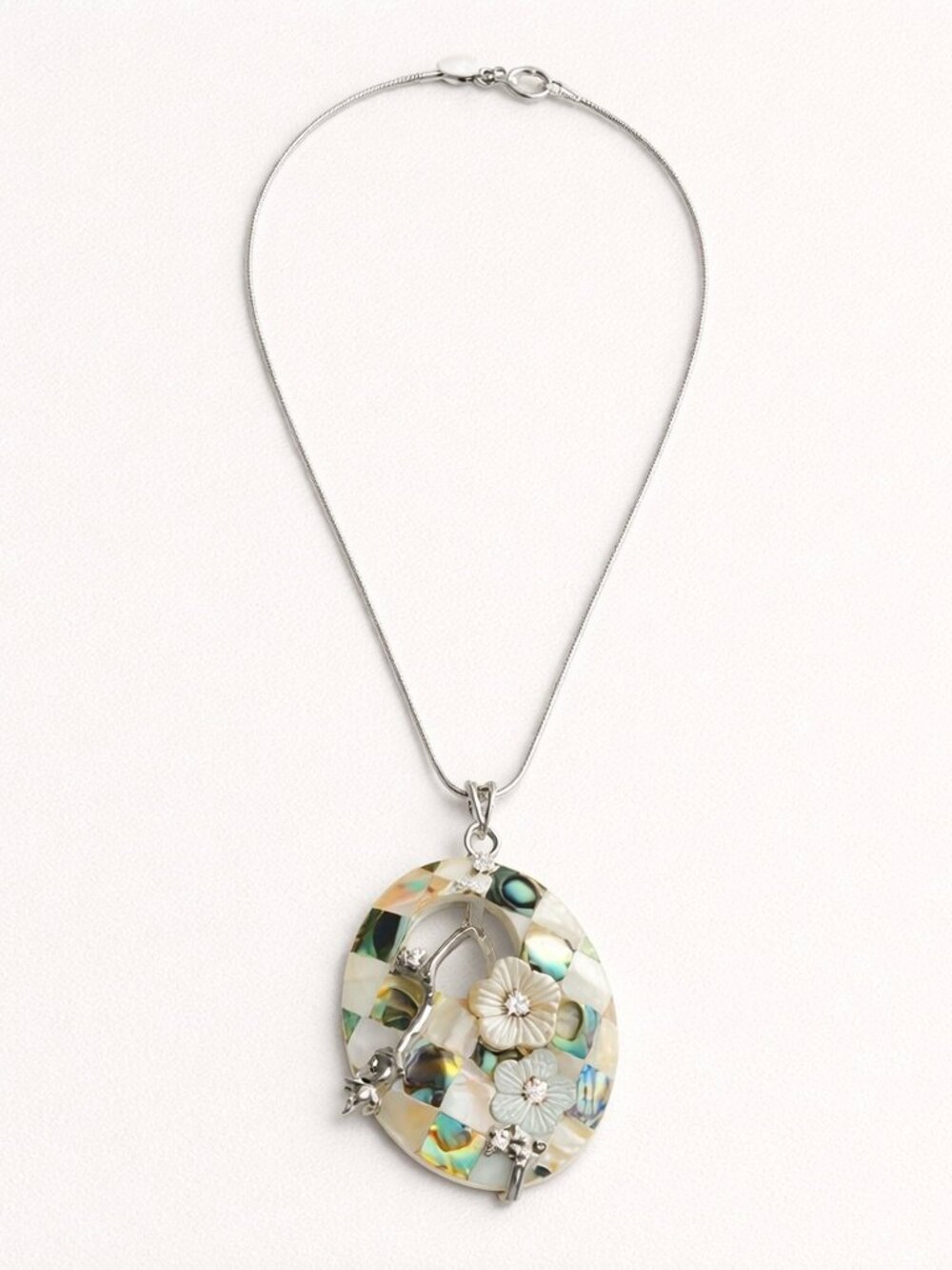 925 Sterling Silver Abalone Shell Pendant Necklace Floral Mosaic Statement